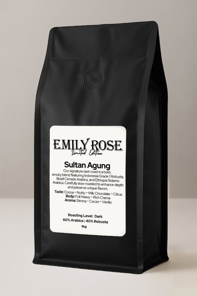 תערובת קפה Sultan Agung – פולי קפה בקלייה כהה עם ערביקה ורובוסטה, מהדורה מוגבלת של Emily Rose